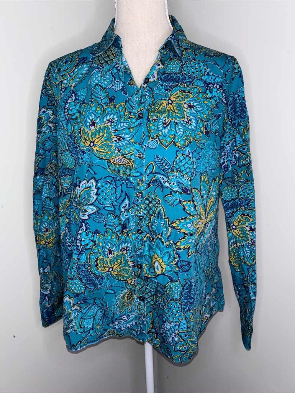 Lands End teal blue & green floral long sleeve buttondown no-iron shirt size 16